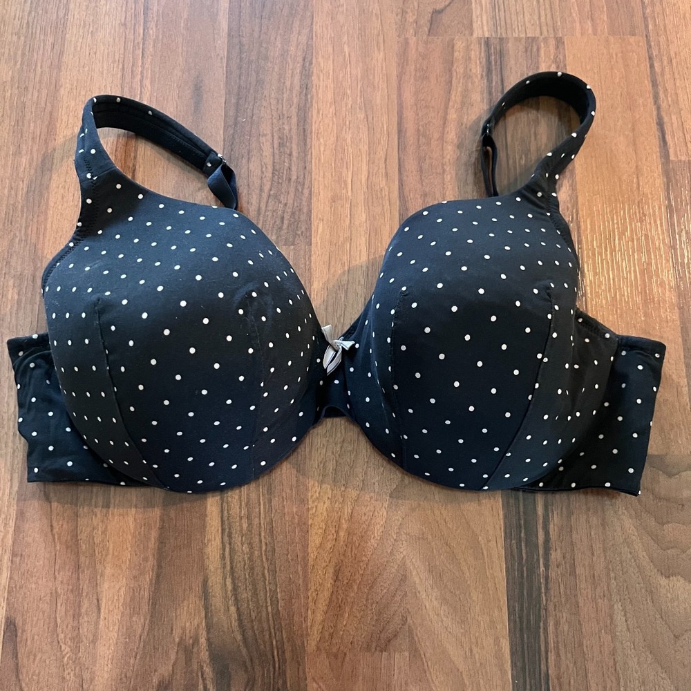 Cacique Lightly Lined Full Coverage Bra Black White Polka Dots Size 42D Cute